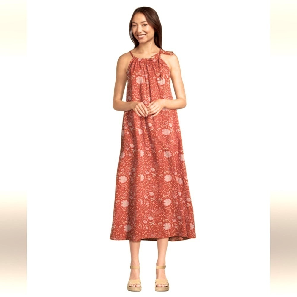 World Market Cotton/Linen Maxi Swing Dress Floral Dot Fall Orange Women’s Sz S/M